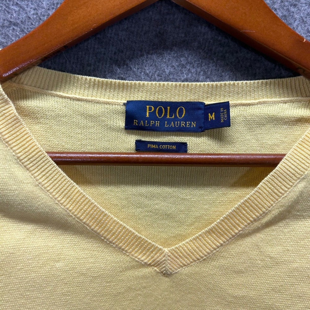 Polo Ralph Lauren Mens Yellow Pima Cotton V-Neck Sweater Size M Embroidered Pony - Picture 4 of 9